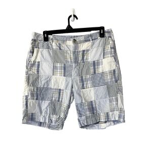 LL Bean Womens Favorite Fit 16 Shorts Blue Madras Plaid Patchwork Coastal Preppy